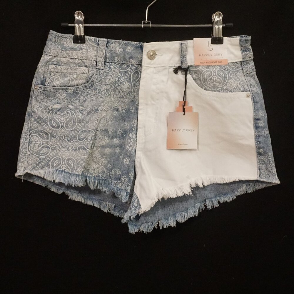 Happily Grey Light Wash with White Panel White Paisly Jean Shorts Women’s 28